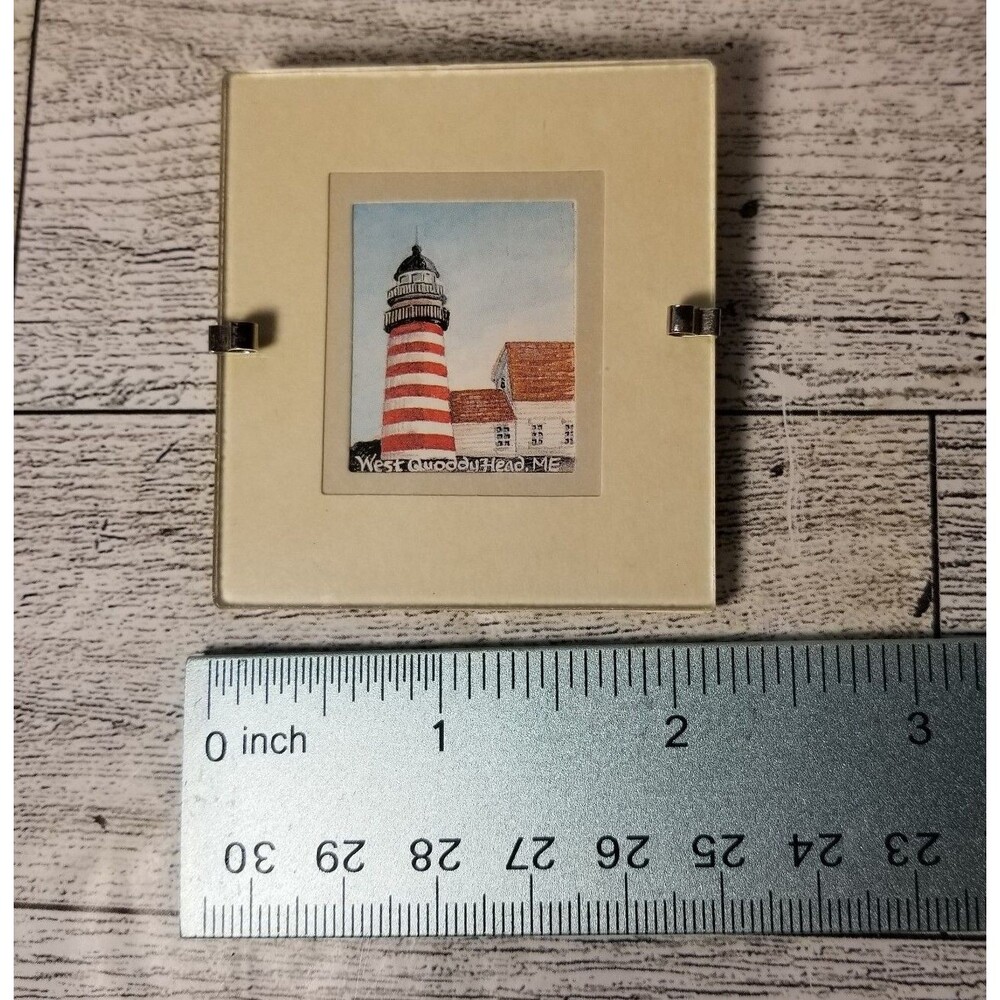 Maine West Quoddy Head Lighthouse Mini Print Lisa P Bertovich VTG TINY Art 2 3/8